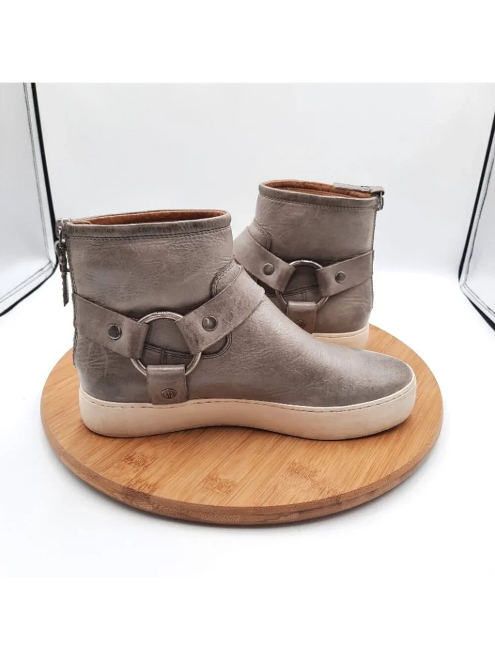 Frye Lena Harness Womens Size 6.5 Boots Gray Leather Back Zip Ankle Booties